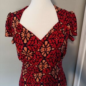 Fit and Flare V-neck Short-sleeve Dress, Size M, Red